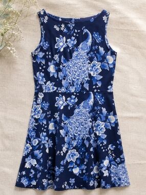 Heart of Haute Peacock Print Cotton Dress USA XL Fits L